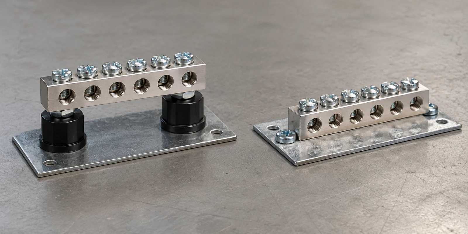 Photorealistic illustration: Unconnected training specimens: isolated neutral bar at left and directly mounted ground bar at right