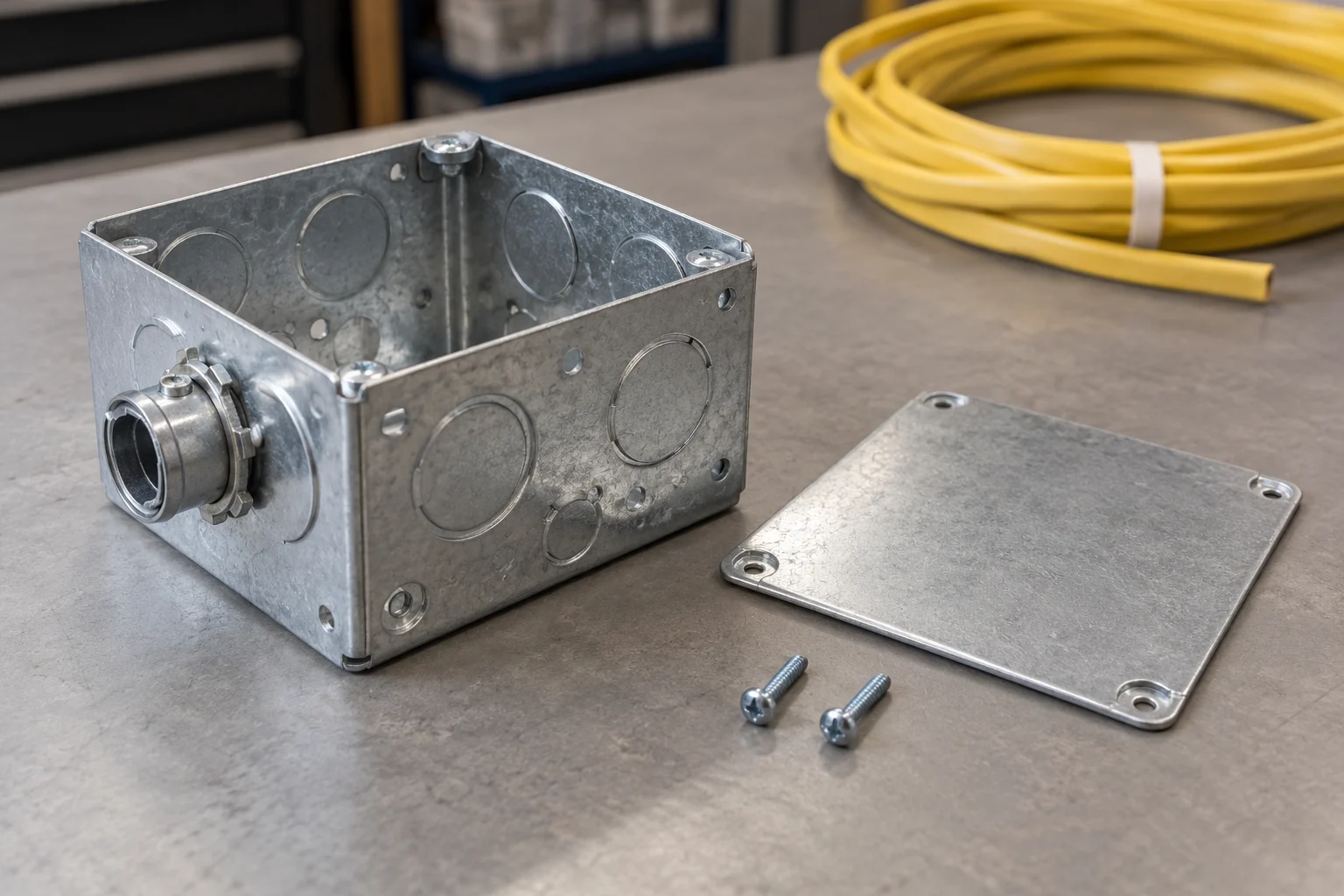 Photorealistic illustration: Empty metal junction box, connector and removable cover