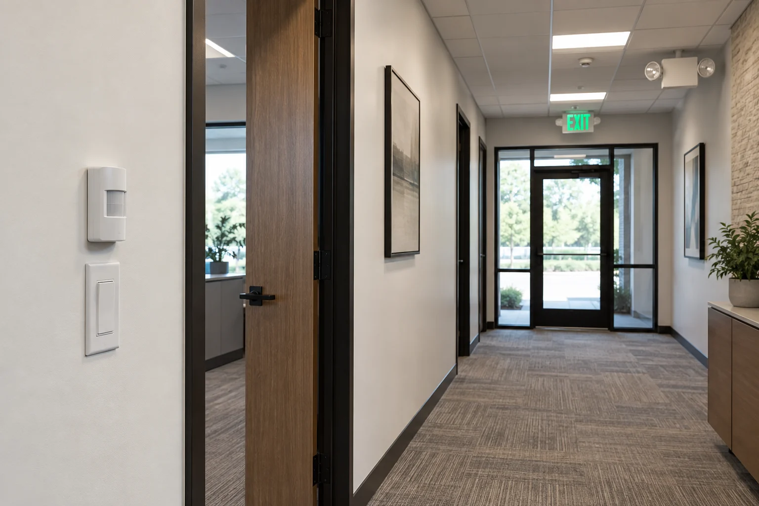 Photorealistic illustration: Commercial lighting controls and egress equipment