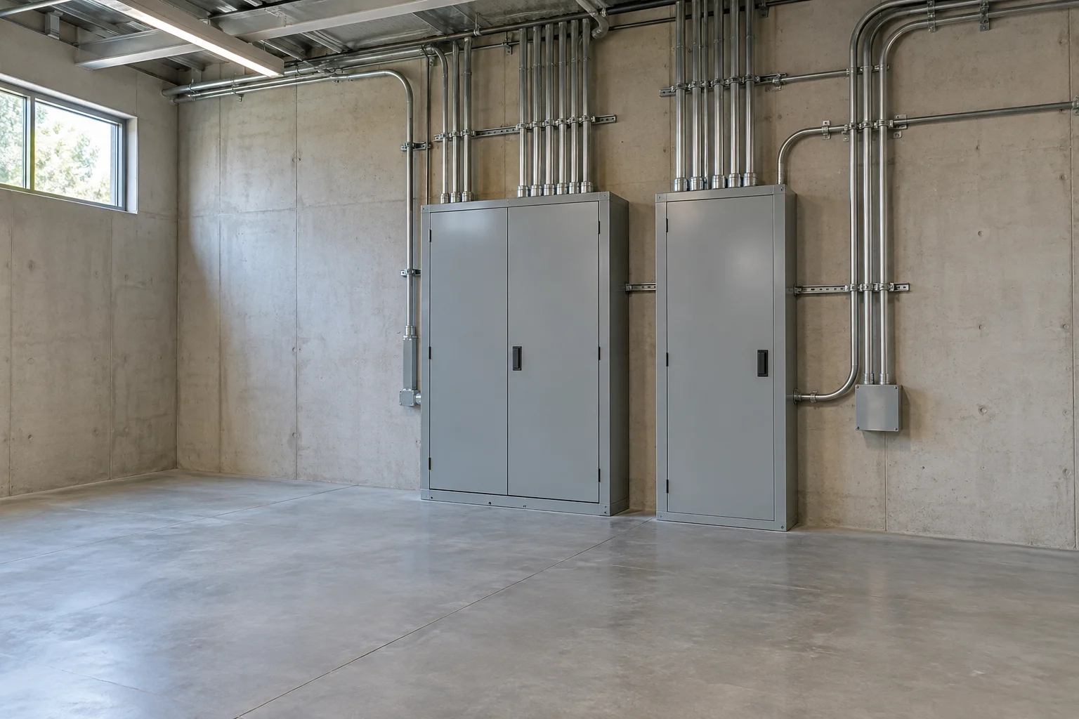 Photorealistic illustration of closed electrical equipment and clear floor access